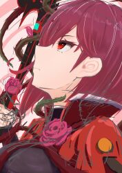  1girl absurdres commentary_request flower from_side heaven_burns_red highres pink_flower pink_rose psy_(artist) purple_hair red_eyes rose short_hair tezuka_saki thorns unfinished 