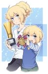  2boys androgynous blonde_hair blue_eyes blush danball_senki danball_senki_wars dual_persona hoshihara_hikaru male medal multiple_boys ponytail short_hair time_paradox trophy young 