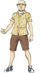  1boy anime_coloring ansatsu_kyoushitsu black_hair brown_shorts bucket_hat closed_eyes closed_mouth collared_shirt floral_print full_body hat hawaiian_shirt male_focus mask morita_kazuaki official_art shirt shorts simple_background smile smog_(ansatsu_kyoushitsu) solo standing tachi-e transparent_background unworn_mask 