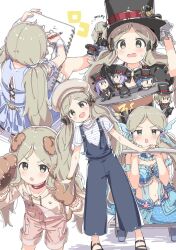  1girl against_railing animal_collar animal_ears animal_hands aqua_bikini beret bikini black_bow black_bowtie black_hat black_jacket black_shoes blonde_hair blue_bikini blue_dress blue_overalls blue_ribbon blush bow bowtie brown_hoodie character_doll character_name chestnut_mouth collar dog_ears dog_tail doll drawing_(action) drawing_(object) drawstring dress english_text fluffy_hair frilled_gloves frills frown fur_trim gloves hand_on_headwear handa_roco hat hood hoodie idolmaster idolmaster_million_live! idolmaster_million_live!_theater_days jacket kuresuku_(lessons) leaning long_hair low_twintails makabe_mizuki mary_janes mochizuki_anna multiple_views nagayoshi_subaru nanao_yuriko official_alternate_costume overalls parted_bangs paw_gloves pink_overalls railing red_collar ribbon shirt shoes short_sleeves single_suspender sitting smile solo striped_clothes striped_shirt sweatdrop swimsuit tail top_hat twintails v-shaped_eyebrows very_long_hair wand wanwan_wonderful_(idolmaster) white_gloves wing_collar yellow_eyes 