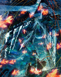  abandoned ambiguous_gender broken_window building cityscape clouds commentary dilapidated factory fantasy fish flying flying_animal flying_fish glowing glowing_fish goldfish nyanyakitisiro original post-apocalypse rubble ruins scenery silhouette wreckage 