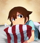  1boy :&lt; brown_eyes brown_hair endou_mamoru inazuma_eleven inazuma_eleven_(series) male open_mouth pillow shiorinda short_hair solo 