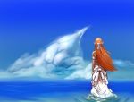  1girl armlet asuna_(sao) blue_sky brown_hair clouds drawfag dress from_behind hair_ornament long_hair ocean pointy_ears sky solo sword_art_online wading white_dress yuuki_asuna 