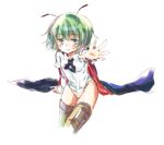  1girl antennae aqua_eyes blush cape green_hair kuromame_(8gou) no_pants outstretched_arm outstretched_hand panties shirt solo striped striped_panties thighhighs touhou underwear wriggle_nightbug 