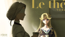  2girls absurdres artist_name backlighting beryl_bouanich black_cloak blindfold blonde_hair blue_eyes buernia chinese_text cloak closed_mouth collarbone covered_eyes crescent crescent_earrings crystal_earrings cup curtains dated dores_(reverse:1999) dragonfly_hair_ornament earrings floating_earrings french_text grey_hair grin hand_up highres holding holding_cup indoors jewelry looking_at_viewer mismatched_earrings multiple_girls painting_(object) picture_frame profile reverse:1999 shirt short_hair sidelighting smile steam tea_party teacup twitter_username urd_(reverse:1999) wallpaper_(object) white_shirt 