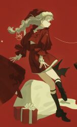  1girl alternate_costume black_shoes black_socks box braid closed_eyes closed_mouth cropped full_body fur-trimmed_headwear fur_trim gift gift_box grey_hair hat highres jacket kneehighs leg_up legwear_garter long_braid long_sleeves miniskirt oji-sama_(ochi4t) profile puffy_long_sleeves puffy_sleeves red_background red_jacket red_skirt reverse:1999 rubuska sack santa_hat shoes single_braid skirt smile socks solo standing standing_on_one_leg 