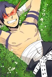  &gt;:d 1boy 5-502 :d armpits arms_behind_head bandages belt blue_hair clothed_navel eyelashes flower grass grin kamina kamina_shades looking_at_viewer male muscle nipples on_back open_mouth plant red_eyes shirtless smile solo tattoo tengen_toppa_gurren_lagann 