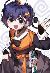  1girl :d absurdres alternate_costume arang_(arang0220) belle_(zenless_zone_zero) blue_hair brown_dress commentary_request crossed_bangs dress earrings fingerless_gloves gloves green_eyes hair_ornament highres jewelry korean_commentary letter_hair_ornament looking_at_viewer open_mouth sash smile solo waist_sash zenless_zone_zero 