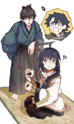  1other 2boys ? ahoge barefoot black_gloves black_hair black_hakama black_jacket blue_kimono braid eating fate/grand_order fate_(series) food food_on_face fujimaru_ritsuka_(male) fujimaru_ritsuka_(male)_(polar_chaldea_uniform) fujimaru_ritsuka_wa_wakaranai full_body gloves hair_over_shoulder hakama highres holding holding_food jacket japanese_clothes jewelry katana kimono miyamoto_iori_(fate) multiple_boys natori_re necklace onigiri rice rice_on_face sheath sheathed sidelocks single_braid sitting sweat sword topknot weapon white_background yamato_takeru_(fate) yellow_eyes 