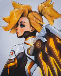  1girl absurdres blonde_hair blue_eyes bodysuit closed_mouth commentary english_commentary from_behind grey_background high_ponytail highres lips looking_up mechanical_wings mercy_(overwatch) nose overwatch parted_hair ponytail short_hair simple_background solo titanartx upper_body white_bodysuit wings 