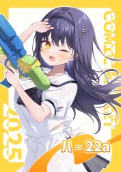  1girl 2025 ;d absurdres ascot black_ascot black_hair black_hairband blush bone_hair_ornament border commentary_request cover cover_page cowboy_shot dated doujin_cover floating_hair hair_between_eyes hair_ornament hairband hands_up happy highres holding holding_water_gun kushima_kamome long_hair looking_at_viewer miniskirt official_alternate_costume one_eye_closed open_mouth outline outside_border puffy_short_sleeves puffy_sleeves sailor_collar school_uniform serafuku shirt short_sleeves simple_background skirt skull_and_crossbones skull_hair_ornament smile solo summer_pockets tsurime very_long_hair water_gun white_background white_outline white_sailor_collar white_serafuku white_shirt white_skirt yellow_border yellow_eyes yutori_z71 