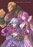  1girl 2boys 344_(sola) bammy blonde_hair blue_hair breasts cape chain character_name clenched_hand evil_smile falcom gadis grin gruhda long_hair multiple_boys necktie purple_hair red_background red_eyes shawl smile spiky_hair ys ys:_celceta_no_jukai 