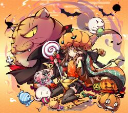  1girl bat_(animal) black_thighhighs bloomers bow candy choukoumei_(himegami_kagura) clenched_teeth collared_shirt commentary_request company_name copyright_logo copyright_name copyright_notice detached_sleeves flat_chest food full_body ghost halloween halloween_costume hand_on_own_cheek hand_on_own_face highres himegami_kagura holding holding_candy holding_food holding_lollipop logo lollipop looking_at_viewer ms06s official_art pumpkin pumpkin_hat red_bow sandals shirt sitting sleeveless solo teeth thigh-highs tiger trick_or_treat wariza wide_sleeves 