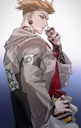  1boy absurdres black_nails blonde_hair cigarette earrings enjin_(gachiakuta) finger_tattoo from_side gachiakuta hand_on_own_hip hashtag-only_commentary highres holding holding_cigarette jewelry looking_at_viewer maggot83682214 male_focus parted_lips scar_on_head short_hair sideways_glance smoke solo tattoo undercut yellow_eyes 