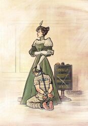  0formant0 1boy 1girl arms_behind_back black_hair blonde_hair commentary cuffs dress elbow_gloves english_commentary femdom gloves green_dress green_hat hat highres kneeling long_hair original panties shackles shirt standing striped_clothes striped_panties striped_shirt underwear white_gloves 