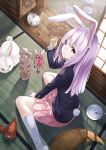  1girl animal_ears blazer blush bunny_tail crescent fork jenga kyon_(fuuran) long_hair long_sleeves looking_at_viewer pillow plate purple_hair rabbit rabbit_ears red_eyes reisen_udongein_inaba sitting skirt smile solo tail tatami touhou wariza water_gun white_legwear 