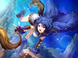  1girl akikaze_rui black_hair brown_gloves dress elbow_gloves fake_tail fingerless_gloves fur_(clothing) game_cg gloves looking_at_viewer official_art open_mouth reaching red_eyes shoujo_kageki_revue_starlight shoujo_kageki_revue_starlight_-re_live- sidelocks solo sparkle tail white_dress wolf_hood wolf_tail 