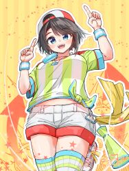  1girl backwards_hat blue_eyes blush breasts brown_hair commentary_request hat highres hololive looking_at_viewer medium_breasts oozora_subaru oozora_subaru_(1st_costume) open_mouth red_hat shirt short_hair shorts smile solo striped_clothes striped_shirt tied_shirt u_da_desu virtual_youtuber white_shirt white_shorts yellow_shirt 