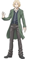  1boy anime_coloring ansatsu_kyoushitsu bead_necklace beads belt black_shoes blonde_hair blue_eyes closed_mouth frown full_body green_jacket grip_(ansatsu_kyoushitsu) jacket jewelry morita_kazuaki necklace official_art pants shoes simple_background solo standing tachi-e transparent_background wavy_hair 