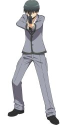  1boy aiming aiming_at_viewer anime_coloring ansatsu_kyoushitsu black_hair black_necktie black_shoes chiba_ryuunosuke closed_mouth collared_shirt full_body grey_jacket grey_pants gun hair_over_eyes holding holding_gun holding_weapon jacket kunugigaoka_middle_school_uniform morita_kazuaki necktie official_art pants school_uniform shirt shoes simple_background solo standing tachi-e transparent_background weapon white_shirt 