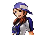  1girl ai_(snk) baseball_cap baseball_uniform brown_hair hat neo_geo_battle_coliseum neo_geo_pocket_color official_art ogura_eisuke open_mouth short_twintails smile snk solo sportswear twintails violet_eyes white_background 