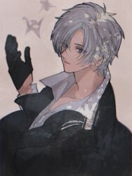  1boy black_cape black_coat black_gloves brown_background buttons cape closed_mouth coat collared_shirt commentary_request dress_shirt expressionless eyelashes eyes_visible_through_hair giovanni_(infinity_nikki) gloves grey_eyes grey_hair hair_over_one_eye highres hino_(8) infinity_nikki light_frown long_sleeves looking_at_viewer male_focus nikki_(series) object_floating_above_hand open_clothes open_coat origami outstretched_hand paper_crane pointy_ears shade shirt short_hair simple_background solo upper_body white_shirt 