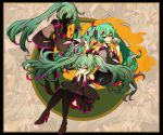  3girls boots detached_sleeves green_hair grin hatsune_miku high_heels long_hair multiple_girls necktie paper red_eyes saitamax sitting skirt smile solo thigh_boots thighhighs twintails very_long_hair vocaloid 
