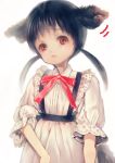  1girl animal_ears black_hair brown_eyes dress highres low_twintails mablex original puffy_short_sleeves puffy_sleeves ribbon short_sleeves solo tail twintails white_background 