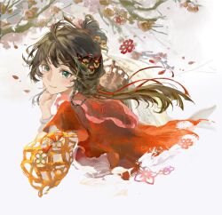  1girl absurdres black_hair branch chinese_commentary chinese_paper-cut commentary_request cropped_torso facial_mark flower forehead_mark from_side green_eyes hair_bun hand_up highres layered_sleeves long_hair long_sleeves looking_at_viewer paper_heron papercutting plum_blossoms red_flower red_shirt reverse:1999 shirt short_over_long_sleeves short_sleeves smile solo turning_head upper_body weibo_tang white_background 