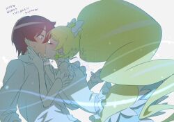  blonde_hair closed_eyes clover clover_earrings cure_honey cure_honey_(innocent_form) dress elbow_gloves four-leaf_clover frilled_sleeves frills gloves hair_between_eyes hair_ribbon hands_on_another's_face happinesscharge_precure! highres kiss long_hair long_sleeves mature_male oomori_yuuko parted_bangs phantom_(happinesscharge_precure!) ponytail precure red_hair ribbon shirt sideways_face sweat sweatdrop twitter_username upper_body very_long_hair wasa7subi watermark white_background white_dress white_gloves white_shirt 