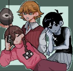  1boy 2boys antenna_hair black_eyes black_hair black_tank_top blonde_hair braid brown_hair closed_mouth collared_shirt colored_skin commentary double-parted_bangs end_roll green_eyes hair_between_eyes holding holding_knife knife light_bulb long_sleeves looking_at_another looking_at_viewer low_twin_braids madotsuki matsutsu1105 multiple_boys omori omori_(omori) open_mouth parted_lips pixel_art red_skirt red_sweater red_sweater_vest russell_seager shirt short_hair shorts skirt striped_clothes striped_shorts sweater sweater_vest symbol-only_commentary tank_top twin_braids vertical-striped_clothes vertical-striped_shorts white_shirt white_shorts white_skin yume_nikki 