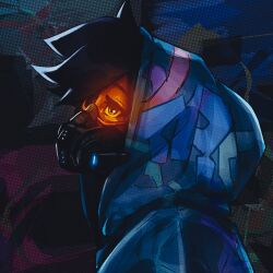  1girl black_hair blue_hoodie commentary covered_mouth english_commentary from_side graffiti_tracer highres hood hood_up hoodie looking_up mask official_alternate_costume orange_eyes orange_visor overwatch portrait short_hair solo titanartx tracer_(overwatch) 