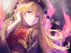  1girl absurdres artist_name belt black_background black_belt black_dress black_hat breasts chinese_clothes closed_mouth commentary_request crescent crescent_print dalachi_(headdress) dress energy hair_between_eyes hand_on_own_head hand_up hat highres junko_(touhou) long_hair long_sleeves looking_to_the_side mandarin_collar medium_breasts mituba_ooka neck_ribbon orange_hair phoenix_print pom_pom_(clothes) red_eyes red_tabard ribbon sidelocks simple_background solo tabard tassel touhou upper_body wide_sleeves yellow_ribbon 