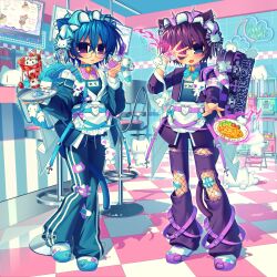  2000s_(style) 2boys :< :3 :d absurdres apron armband bandaid bandaid_on_knee bandaid_on_leg bar_stool bell blue_choker blue_eyes blue_hair blue_pants blush bow cat chibi choker chuunibyou commentary_request crossdressing crossdressing_(mtf) denim fang faux_retro_artstyle fishnet_pantyhose fishnets fishnets_under_jeans floating food hair_bow hair_over_one_eye highres jeans jersey_maid knees_together_feet_apart levitation looking_at_viewer magic_circle maid male_focus male_maid multiple_boys neck_bell omelet omurice original pants pantyhose purple_choker purple_hair raised_inner_eyebrows semi-rimless_eyewear skin_fang smile stool sweatpants tile_floor tiles torn_clothes torn_jeans torn_pants unconventional_maid violet_eyes waist_apron watashi_candy 