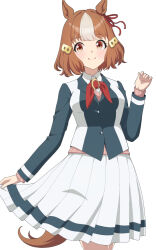  1girl animal_ears belno_light_(umamusume) blush breasts brown_hair closed_mouth collared_shirt commentary_request ear_ribbon hair_ornament highres horse_ears horse_girl horse_tail jacket kasamatsu_tracen_school_uniform letter_hair_ornament long_sleeves looking_at_viewer medium_breasts multicolored_hair multicolored_jacket necktie pink_sweater_vest pleated_skirt red_necktie school_uniform shiromaru_illust shirt short_hair simple_background skirt smile sweater_vest tail two-tone_hair two-tone_jacket umamusume umamusume:_cinderella_gray white_background white_hair white_shirt white_skirt 