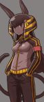  1girl :&lt; animal_ears ankh anubis armband black_hair casual dark_skin egyptian hands_in_pockets highres jackal_ears jackal_tail long_hair matsuda_yuusuke original red_eyes small_breasts solo tail track_suit yuusha_to_maou 