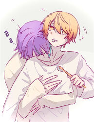  2boys blue_hair brushing_teeth commentary_request head_on_another's_shoulder highres holding holding_toothbrush hug hug_from_behind kamishiro_rui kamiyama_high_school_uniform_(project_sekai) male_focus multicolored_hair multiple_boys project_sekai school_uniform shirt short_hair simple_background sleepy squeans tenma_tsukasa toothbrush toothbrush_in_mouth toothpaste user_tgjk4884 zzz 