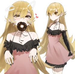  absurdres blonde_hair commentary cowboy_shot doughnut dress food heart highres long_hair looking_at_viewer looking_to_the_side monogatari_(series) oshino_shinobu pink_dress pointy_ears symbol-only_commentary tabulagami very_long_hair white_background yellow_eyes 
