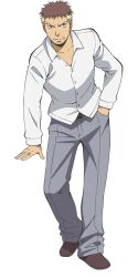  1boy anime_coloring ansatsu_kyoushitsu belt black_belt blonde_hair brown_hair brown_shoes collared_shirt frown full_body grey_pants hand_in_pocket kunugigaoka_middle_school_uniform male_focus morita_kazuaki multicolored_hair official_art pants school_uniform shirt shoes simple_background solo tachi-e terasaka_ryouma transparent_background two-tone_hair white_shirt 