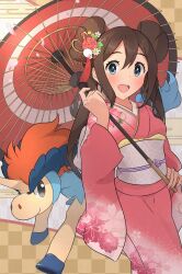 1girl :d absurdres alternate_costume blue_eyes brown_hair checkered_background commentary_request double_bun doughnut food hair_bun highres horse japanese_clothes keldeo kimono looking_at_viewer new_year obi oil-paper_umbrella pink_kimono pokemon pokemon_(creature) rosa_(pokemon) sash smile suborofu teeth umbrella unicorn upper_teeth_only white_sash year_of_the_horse