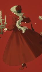  1girl alternate_costume cropped dress facing_away flower from_behind full_body grey_hair hair_flower hair_ornament high_heels highres long_dress long_hair long_sleeves oji-sama_(ochi4t) puffy_long_sleeves puffy_sleeves red_background red_dress red_flower red_rose red_shoes reverse:1999 rose rubuska shoes solo standing 