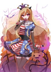  1girl absurdres adapted_costume american_flag american_flag_print american_flag_shirt american_flag_skirt bat_(animal) black_gloves black_hairband black_shirt black_thighhighs blonde_hair breasts candy clownpiece commentary_request cowboy_shot demon_horns elbow_gloves fake_horns flag_print food frilled_skirt frills gloves hairband halloween halloween_bucket hand_up hat highres horn_hairband horns jester_cap licking licking_foot lollipop long_hair looking_at_viewer miniskirt print_shirt print_skirt puffy_short_sleeves puffy_sleeves purple_hat red_eyes red_skirt shion_343 shirt short_sleeves signature skirt small_breasts smile solo standing swirl_lollipop thigh-highs torch touhou two-tone_hat watermark white_hat white_shirt zettai_ryouiki 
