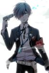  arisato_minato blue_eyes blue_hair digital_media_player evoker gun gun_to_head hair_over_one_eye headphones male persona persona_3 school_uniform short_hair simple_background solo tears weapon yuuki_makoto 