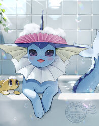  :d air_bubble bathtub blush bubble chromatic_aberration colored_sclera commentary_request fangs foam highres in_bathtub kaminokefusa leaf leaning_on_object lens_flare light_rays looking_at_viewer partially_submerged pokemon pokemon_(creature) purple_sclera rainbow shampoo_hat smile straight-on sunbeam sunlight tatsugiri tatsugiri_(stretchy) tile_wall tiles vaporeon water wet 