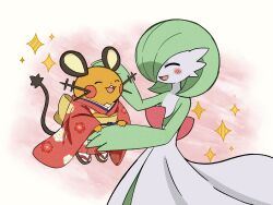  1girl :3 ^_^ absurdres arms_up blush blush_stickers bob_cut brown_sandals buck_teeth closed_eyes clothed_pokemon colored_skin commentary_request dedenne facing_another flat_chest floral_print floral_print_kimono gardevoir green_hair green_skin hair_over_one_eye happy highres holding holding_pokemon japanese_clothes kimono long_sleeves multicolored_skin obi one_eye_covered open_mouth pink_background pokemon pokemon_(creature) print_kimono red_kimono riraranran sandals sash short_hair smile sparkle standing teeth two-tone_skin white_skin wide_sleeves 