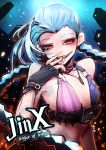  1girl bare_shoulders beancurd belt blue_hair braid building bullet bullet_necklace character_name fingerless_gloves flat_chest gloves highres jewelry jinx_(league_of_legends) league_of_legends long_hair looking_at_viewer midriff necklace red_eyes smile solo tattoo tongue twin_braids 