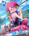  1boy 1girl blush bungee_jumping camouflage_pants character_name harness idolmaster idolmaster_million_live! lens_flare looking_at_viewer maihama_ayumu multicolored_hair official_art pink_eyes pink_hair scared vest wavy_mouth 