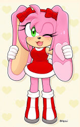  amy_rose blush blushbunny blushing blushing_at_viewer blushing_female boots bunny_girl bunny_tail cute floppy_ears green_eyes hair_tuft heart_background holding_ears pink_fur pink_hair pink_legs rabbit rabbit_ears rabbit_girl rabbit_tail red_boots red_bow red_dress red_headband sonic_(series) white_gloves wink winking 