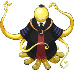  1boy anime_coloring ansatsu_kyoushitsu black_necktie black_robe colored_skin full_body grin hat koro-sensei morita_kazuaki mortarboard necktie official_art robe simple_background smile solo tachi-e tentacles transparent_background yellow_skin 