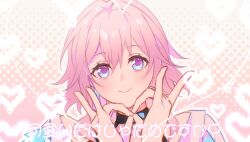  1girl black_choker blue_eyes blush choker closed_mouth commentary_request gradient_hair hair_between_eyes hands_up heart highres honkai:_star_rail honkai_(series) looking_at_viewer march_7th_(honkai:_star_rail) march_7th_(preservation)_(honkai:_star_rail) multicolored_eyes multicolored_hair pink_background pink_hair polka_dot polka_dot_background shirt short_hair sidelocks smile solo translation_request upper_body violet_eyes white_shirt zassyoku_dd 